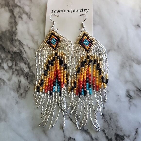 Handmade Native American-Style Beaded Tassel Fashion* Earrings Extra Long 1 pair - Picture 11 of 17